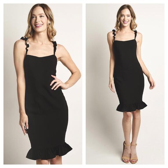 Likely Carmen Black Ruffle Knee Length Dress Size 8 Sleeve Stretch Flutter Hem - Picture 5 of 16